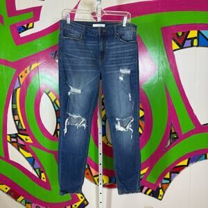 Eunina Blue Straight Leg Jeans with Distressed Rips and Frayed Hems. Size 13